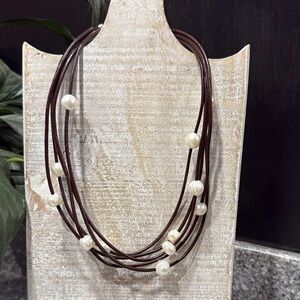 Dylan Multi-Strand Brown Necklace with White Pearls